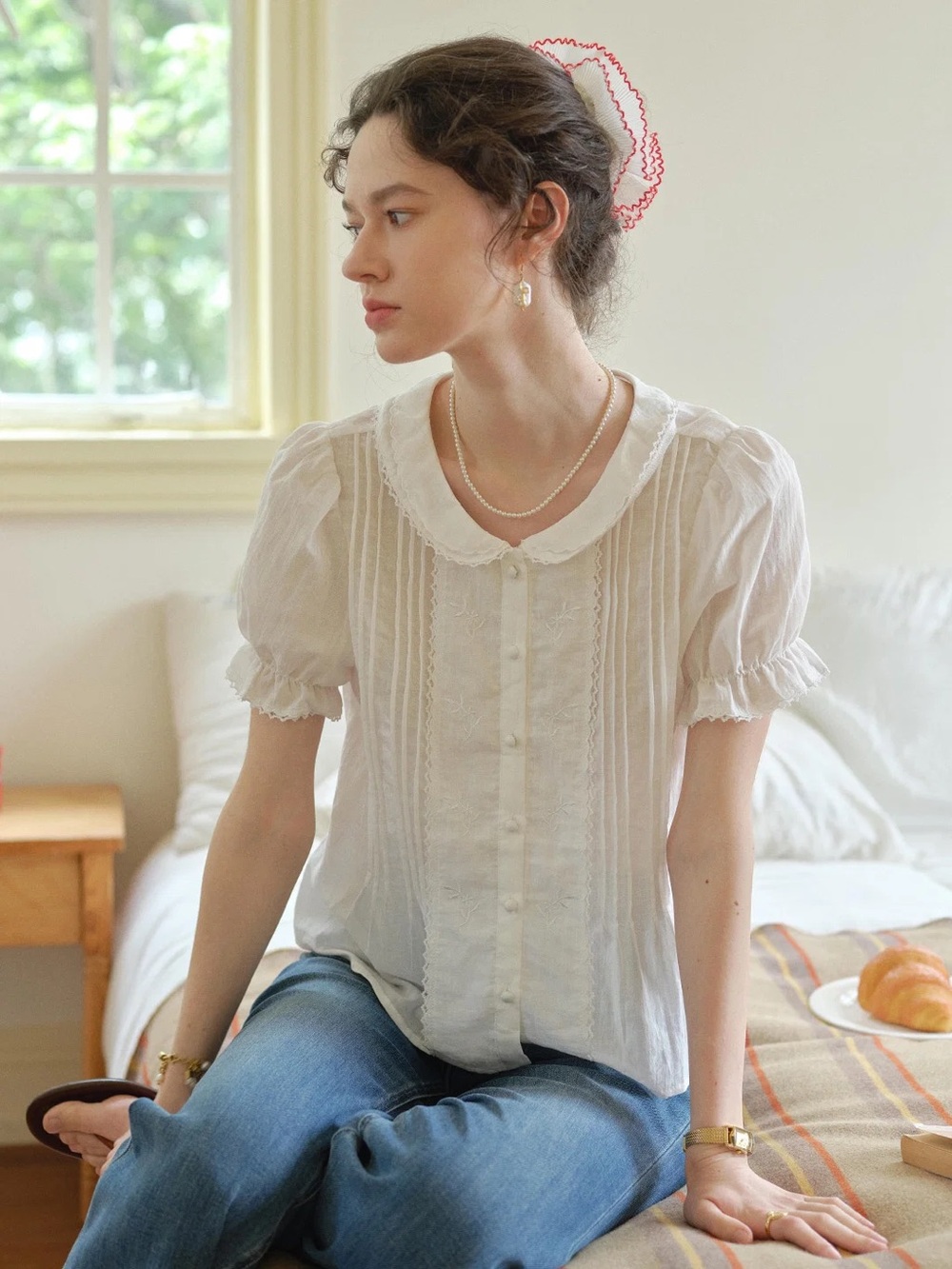 Brand new simple retro Sophia Peter Pan collar 100% cotton blouse